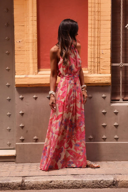 Printed Wrap-Style halter Ruched Maxi Dress - Red