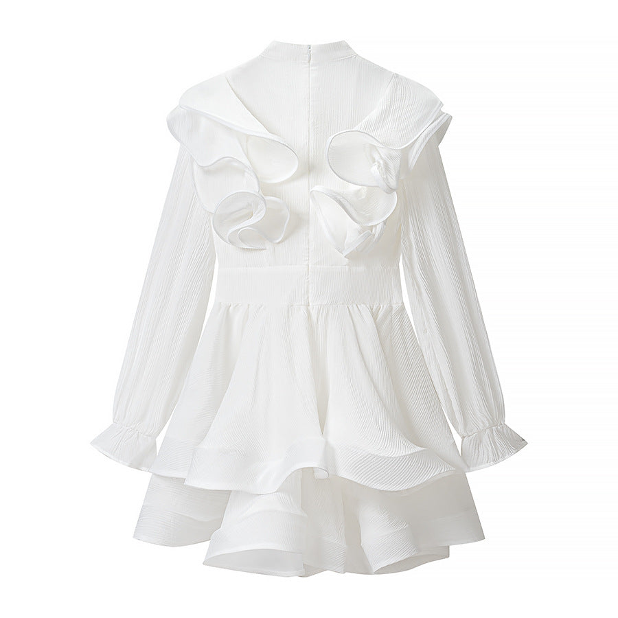 Bell-sleeve ruffled mini dress with tie detail