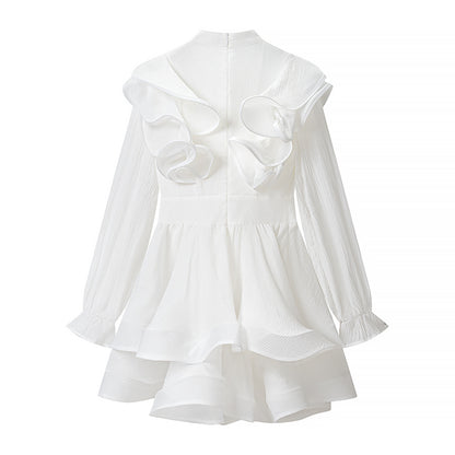 Bell-sleeve ruffled mini dress with tie detail