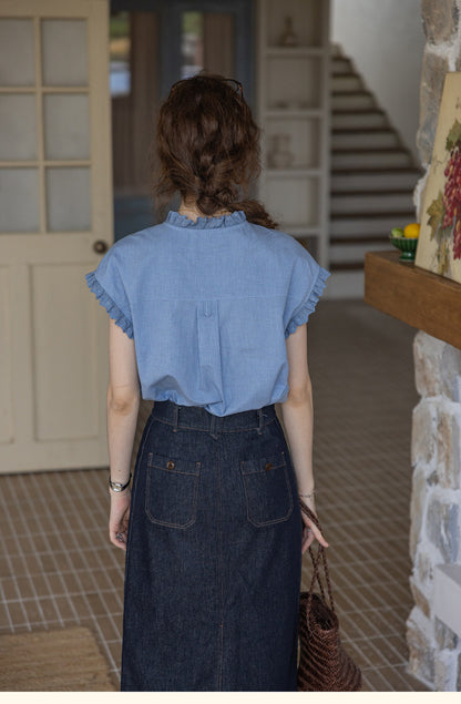 blue linen-cotton patchwork sleeveless lace shirt