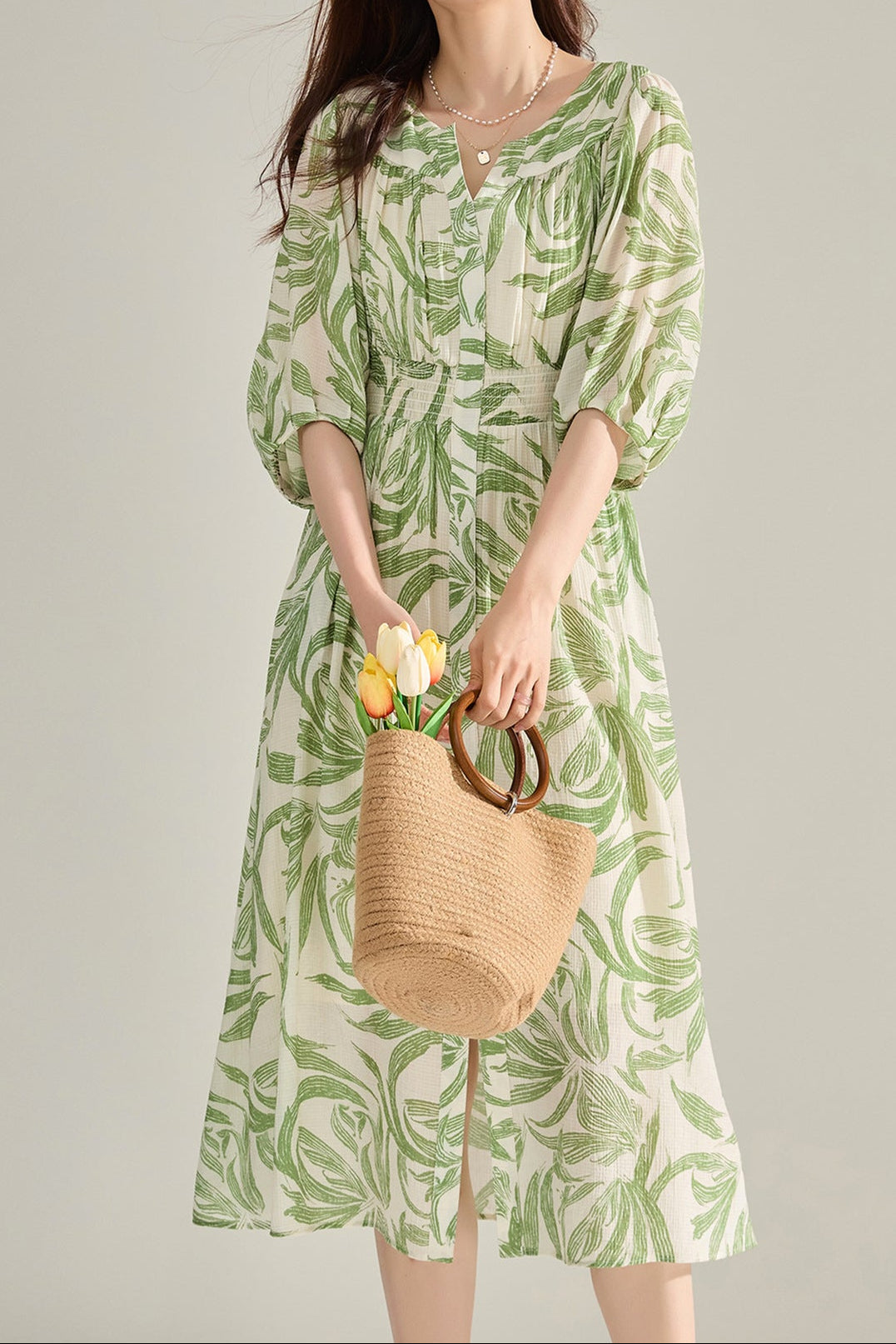 Green floral print midi dress with lantern sleeves