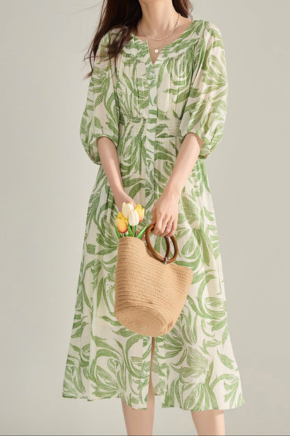 Green floral print midi dress with lantern sleeves