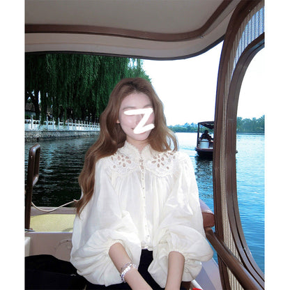 hollow embroidery cotton and linen long-sleeved shirt top