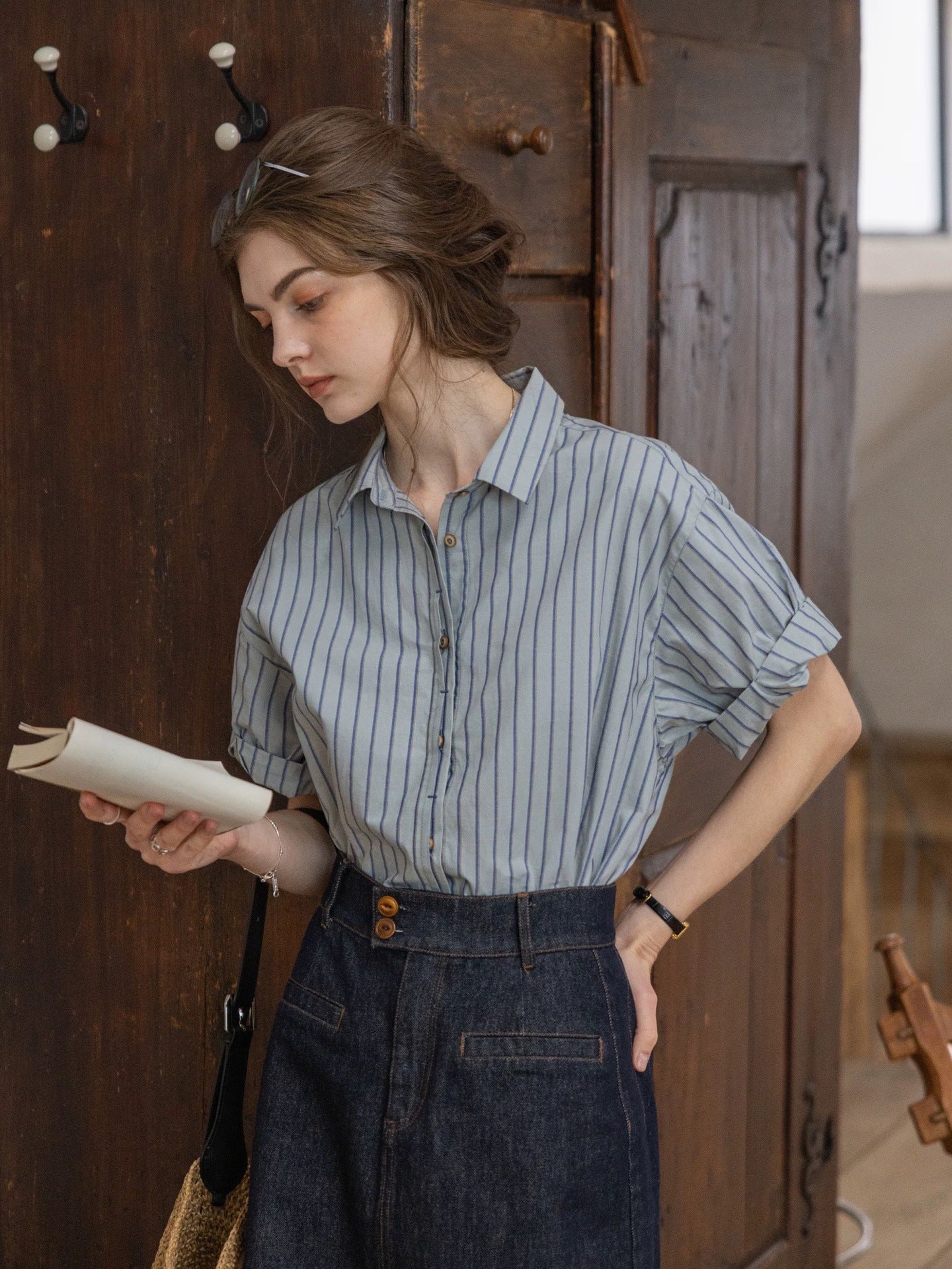 cotton dark striped color-block patchwork shirt