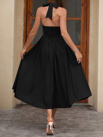 black halterneck strap backless midi dress