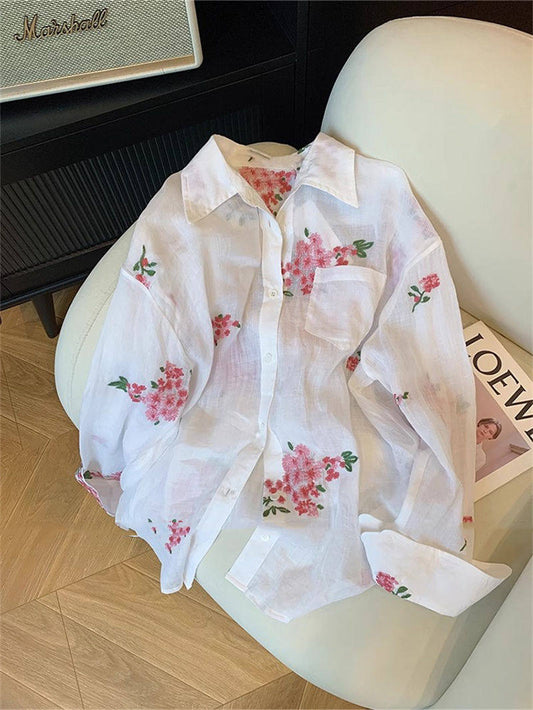 French-style floral print polo collar linen shirt