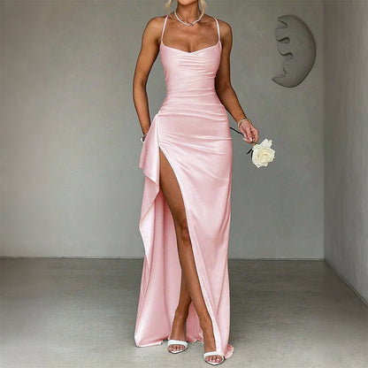 pink suspender wrap maxi dress