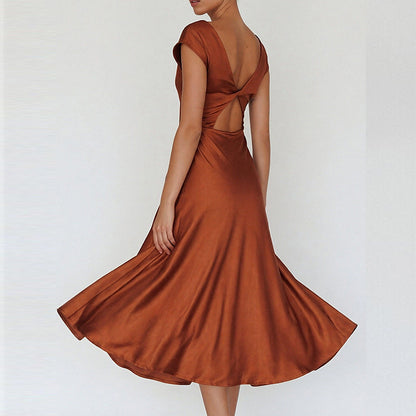 brown Crew Neck Slit Slim Dress