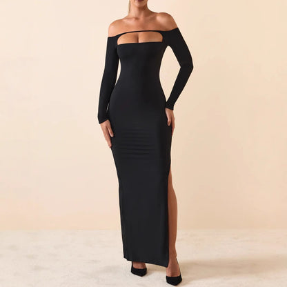 Off-the-shoulder long-sleeved side-slit bodycon maxi dress