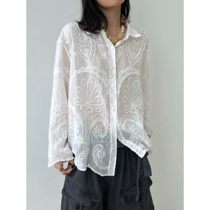 Lightweight Embroidered Paisley Cardigan Shirt - White