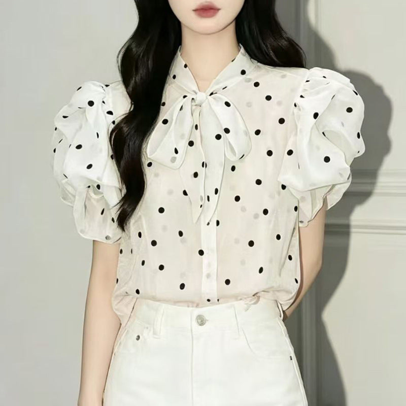 3D bow-tie puff sleeve polka dot sheer shirt