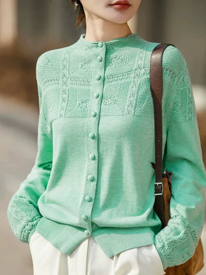 Openwork Crochet Mock-neck Knit Cardigan