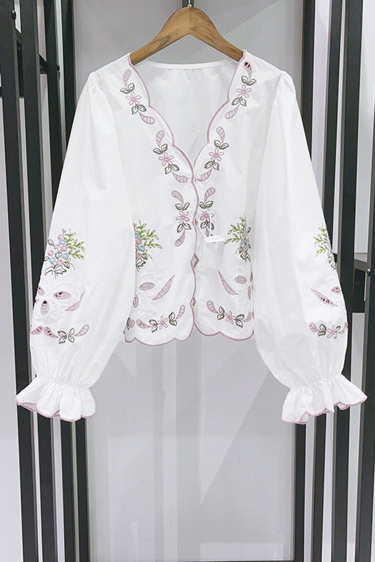 Openwork Embroidered V-Neck Closed Flared Sleeve Shirt