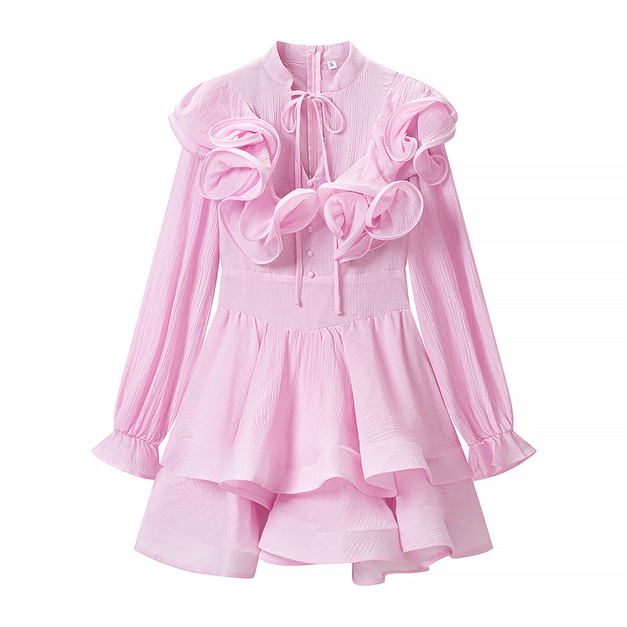 Bell-sleeve ruffled mini dress with tie detail