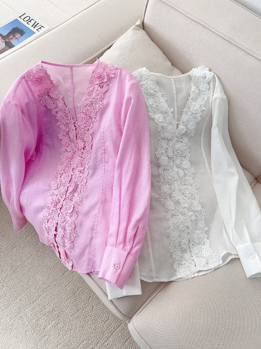 Lace Embroidery V-Neck Ramie Shirt