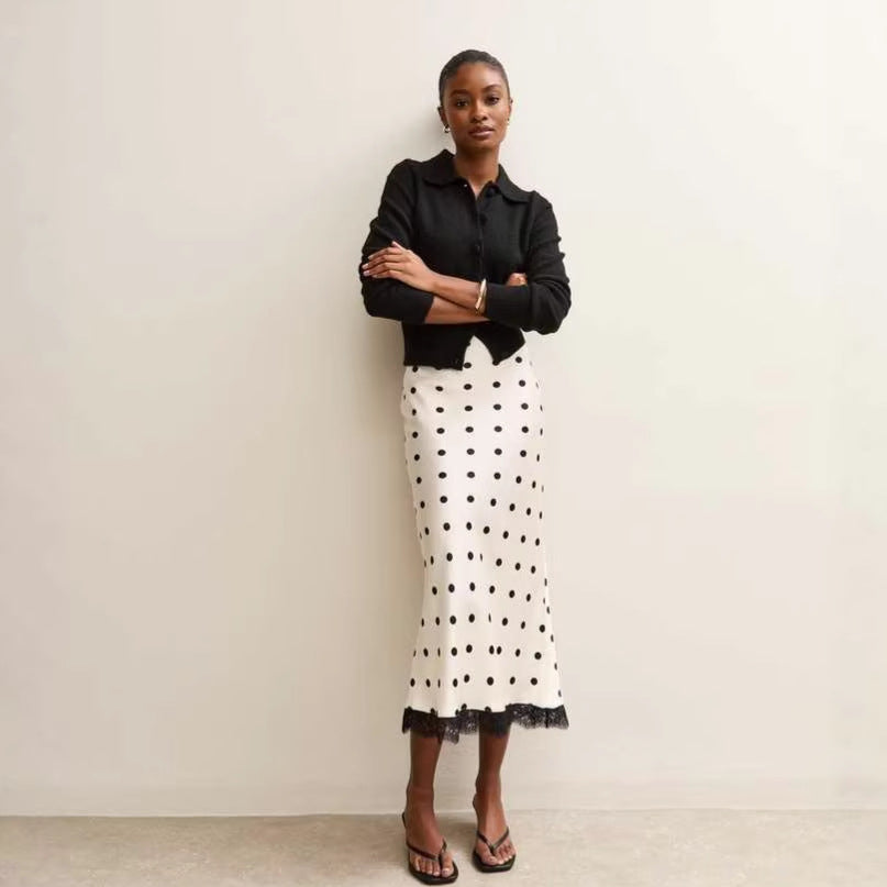 white polka dot lace patchwork midi skirt