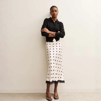 white polka dot lace patchwork midi skirt