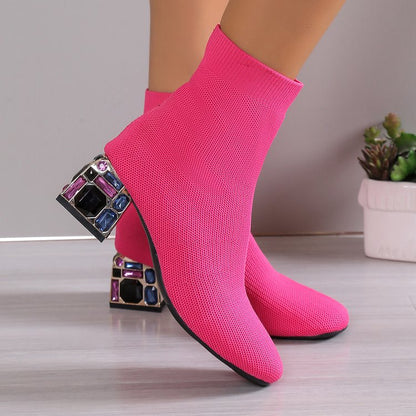 Rhinestone embellished heel fly knit boots