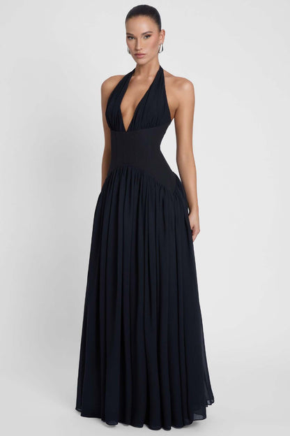 black suspender backless maxi dress