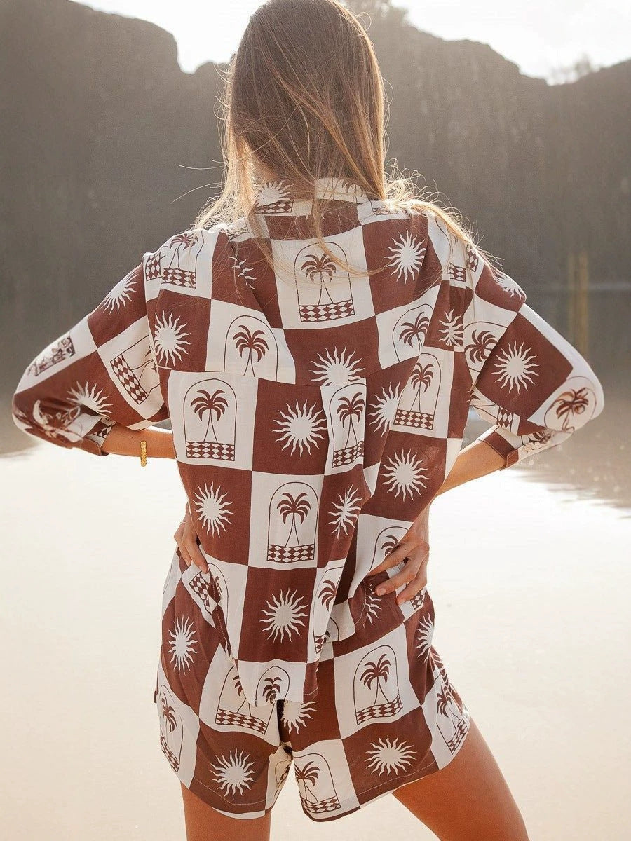 Patterned long-sleeve cardigan & shorts set - brown