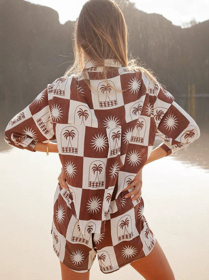 Patterned long-sleeve cardigan & shorts set - brown