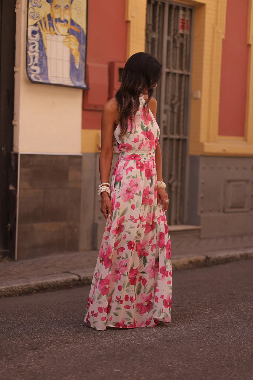 Printed Wrap-Style halter Ruched Maxi Dress - whtie & red