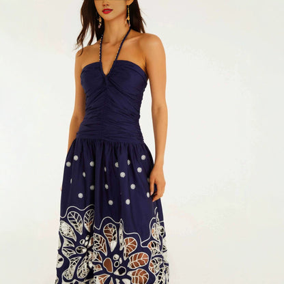Printed halter-neck hollow midi dress - navy blue