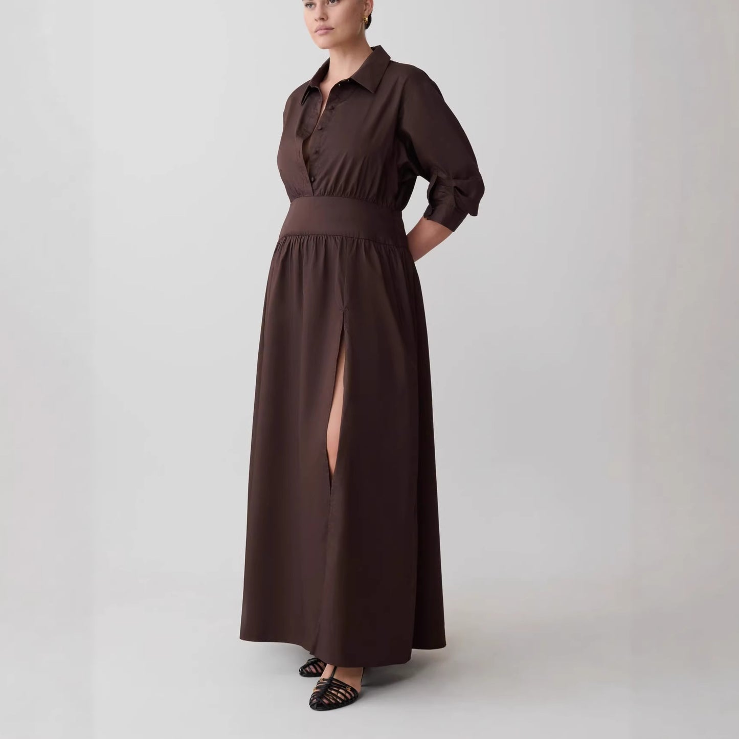 brown Waist Design Slit dress