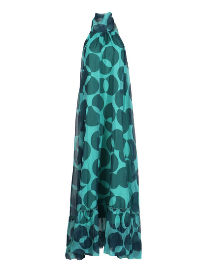 Backless halter neck sleeveless full skirt ruffle dress