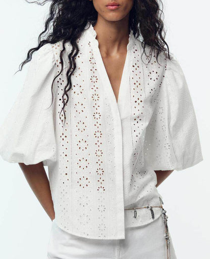 Loose Bubble Short-Sleeve Hollow Embroidered V-Neck Shirt
