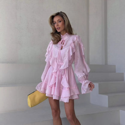 Bell-sleeve ruffled mini dress with tie detail