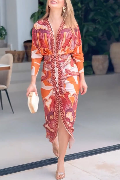 orange print V-neck long sleeve slit dress