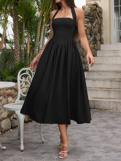 black halterneck strap backless midi dress