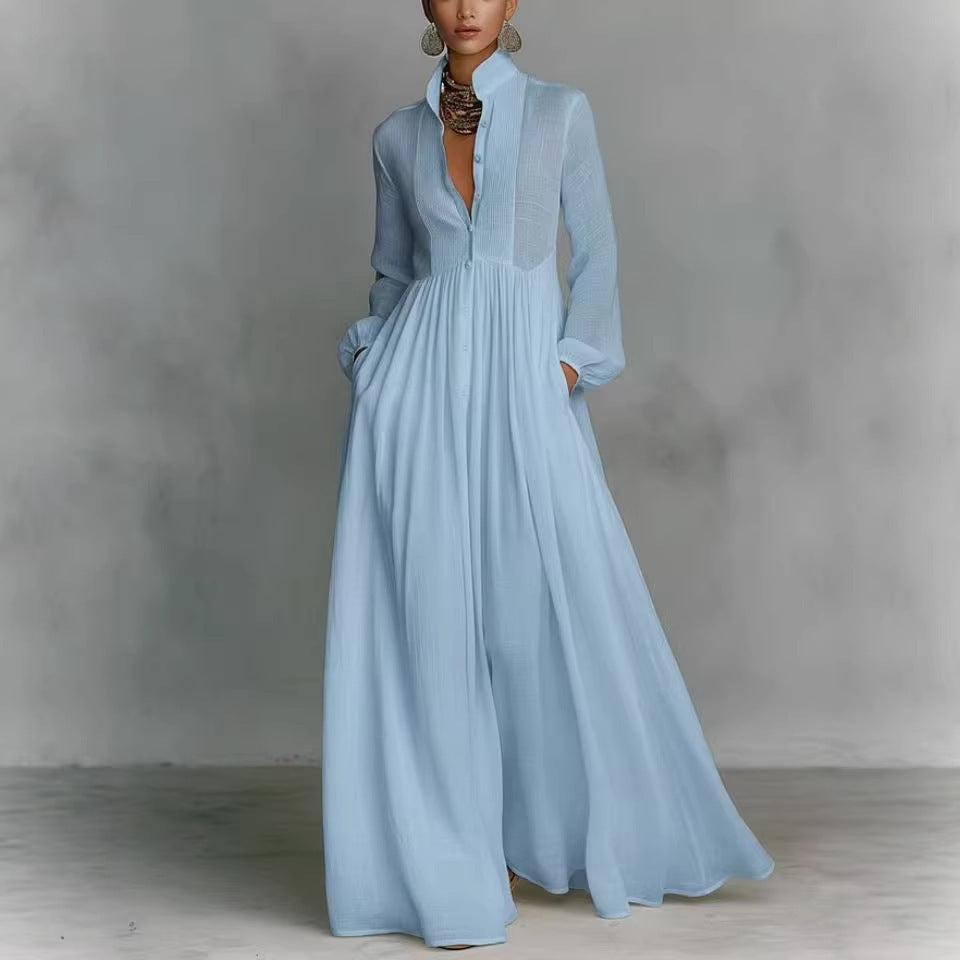 blue V-Neck Patchwork maxi Dress