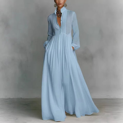 blue V-Neck Patchwork maxi Dress