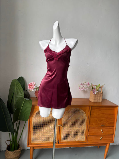 wine red satin suspender mini dress