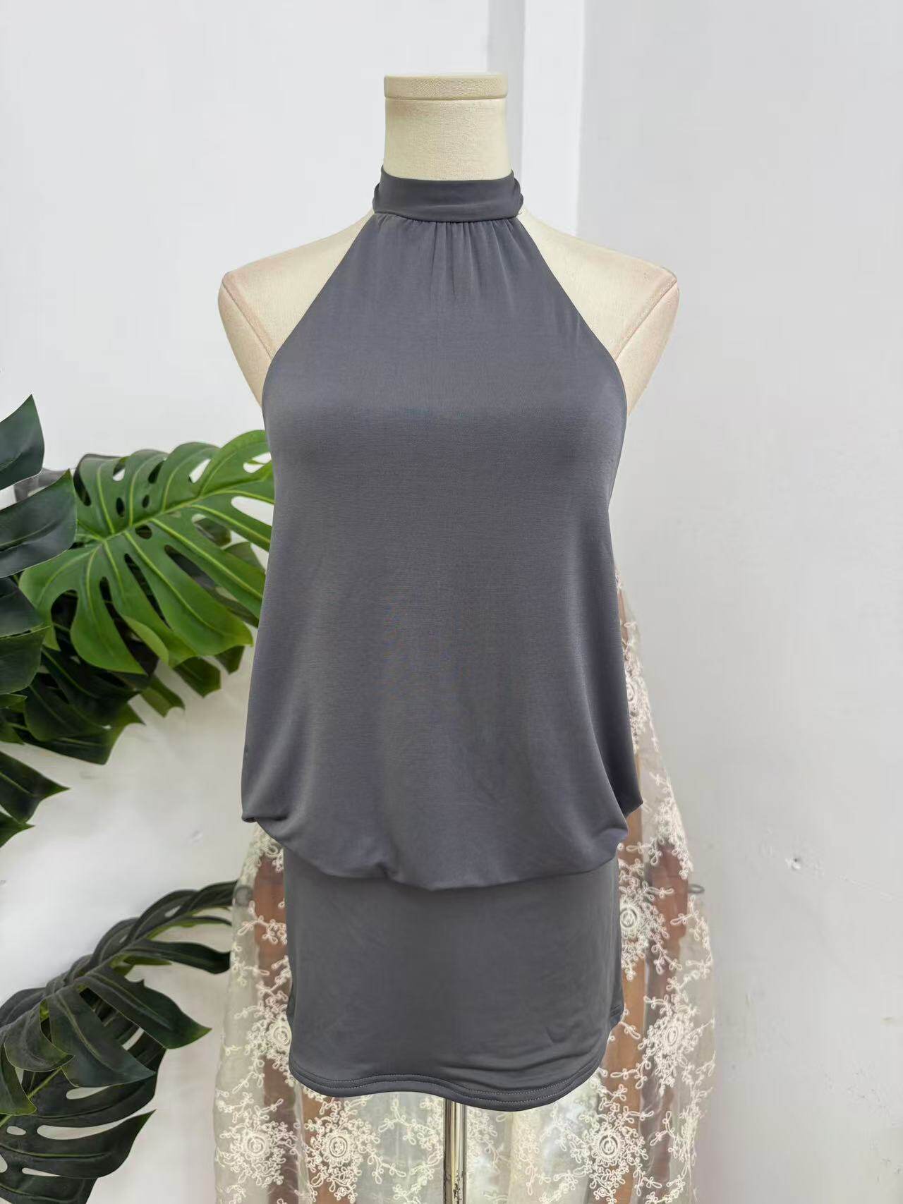 Tie Halter Open Back Blouson Mini Dress