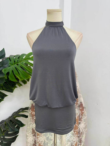 Tie Halter Open Back Blouson Mini Dress