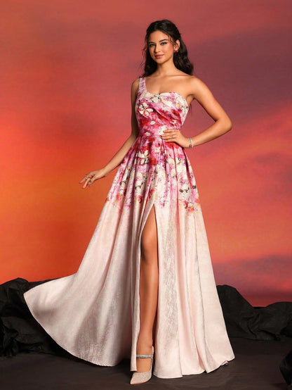 one-shoulder Printed sleeveless slit maxi dress
