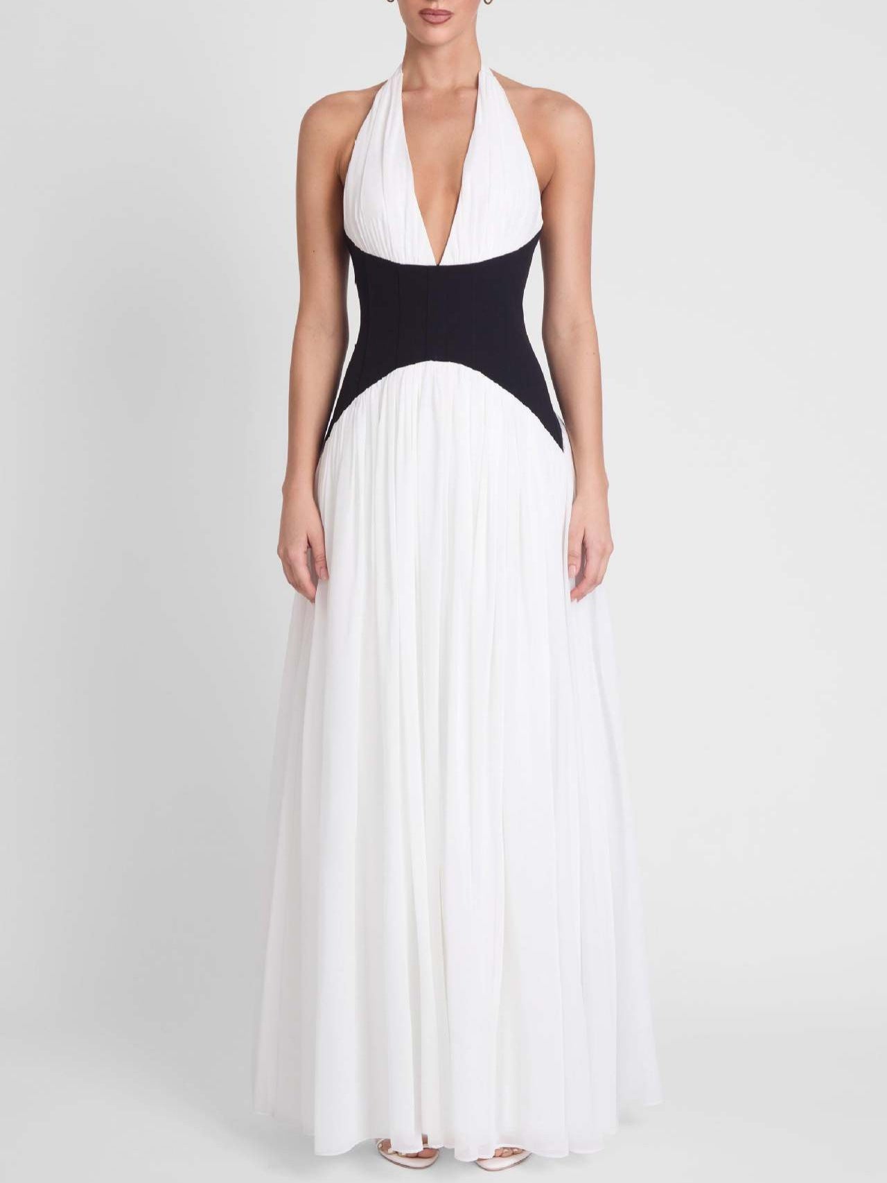 black and white suspender backless maxi dress