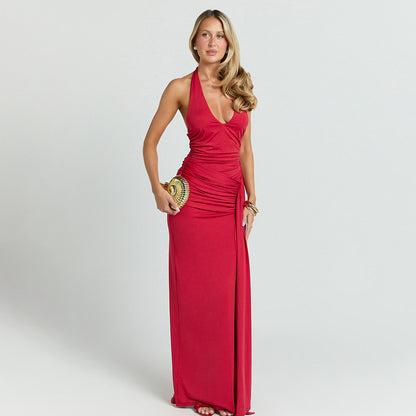 red deep V halterneck open back streamer dress
