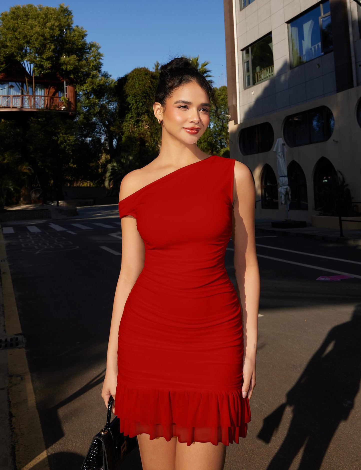 red One-shoulder lace-trimmed mini dress