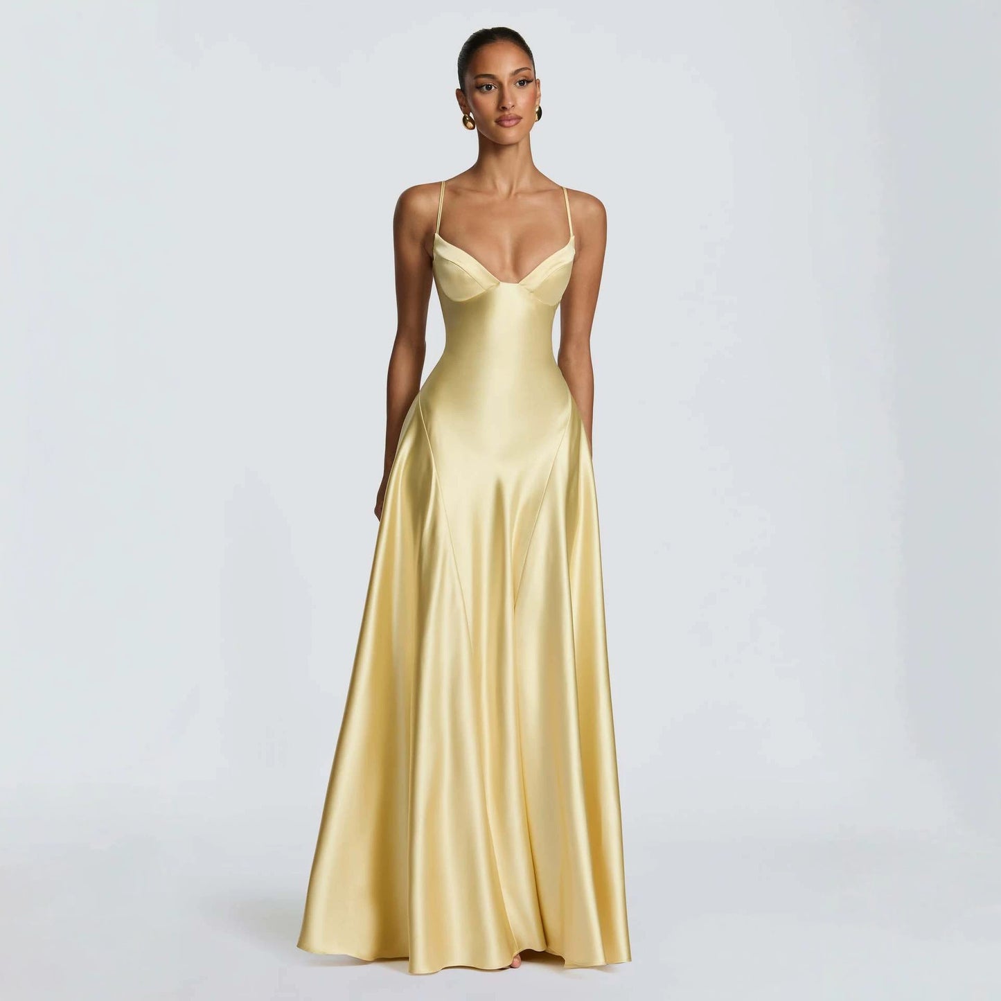 yellow Spaghetti Deep V Large Swing maxi Dress