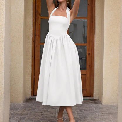 white halterneck strap backless midi dress