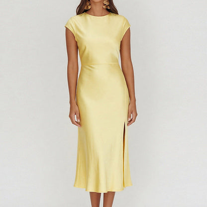 yellow Crew Neck Slit Slim Dress