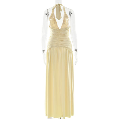 yellow halterneck slim back dress