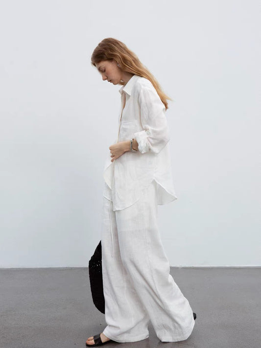 white V-neck linen long-sleeved shirt