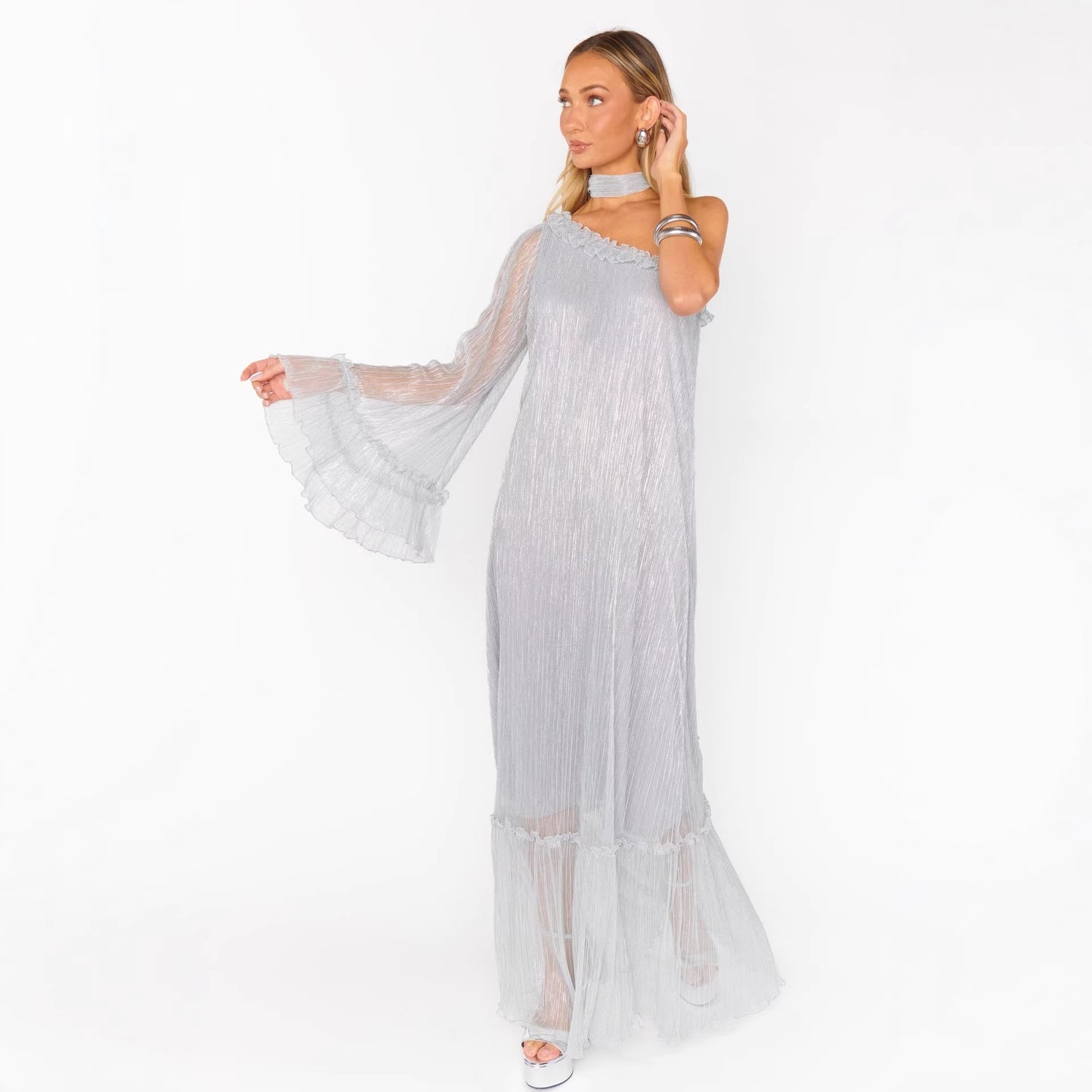 silver slanted shoulder streamer maxi dress