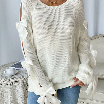 Cream Knit Cold Shoulder Sweater with Ribbon Bow Detail Premium Fabric - product view 5