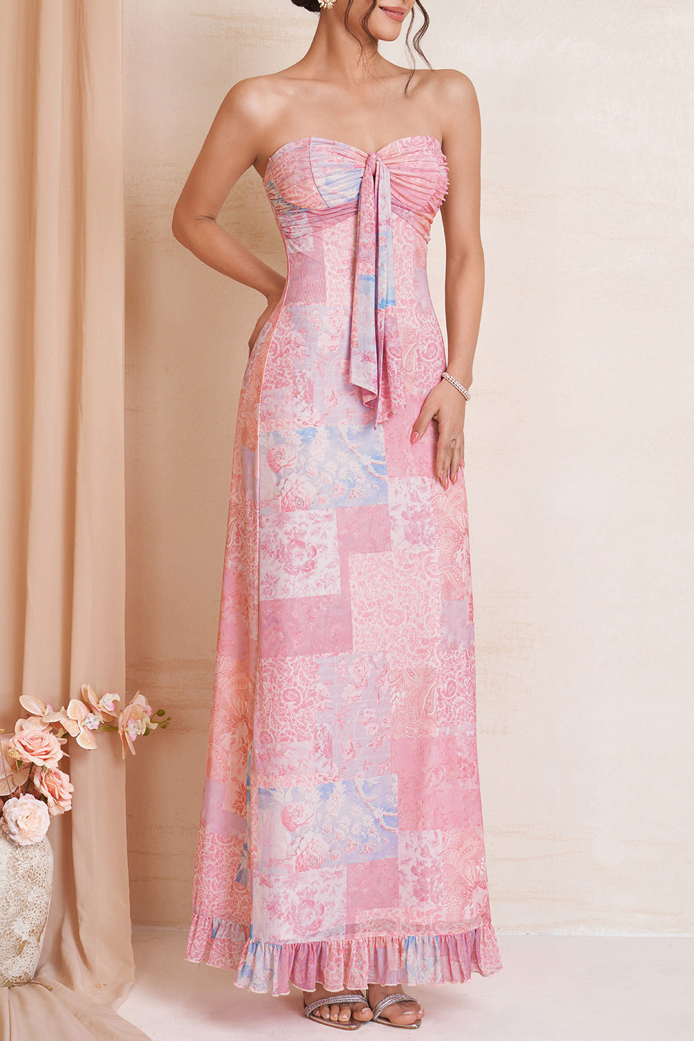 Patchwork Floral Strapless Tie Front Maxi Dress